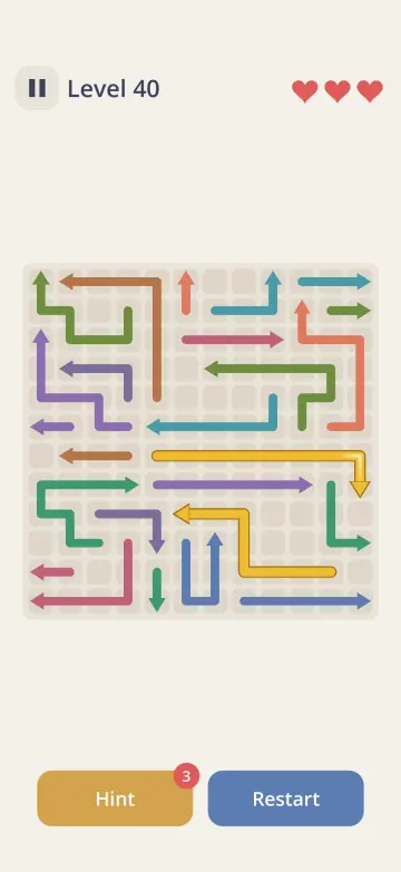 Level 40: a square board full of colored arrows, some of them golden