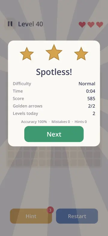 Level complete: three stars, time, score, golden arrows and accuracy