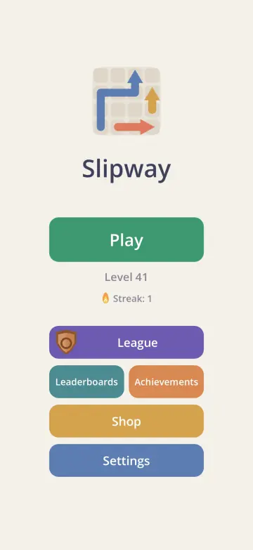 Main menu with Play, League, Leaderboards, Achievements, Shop, Settings and the daily streak