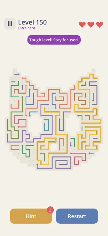 Level 150: a maze of long winding arrows on a board shaped like a cat's head